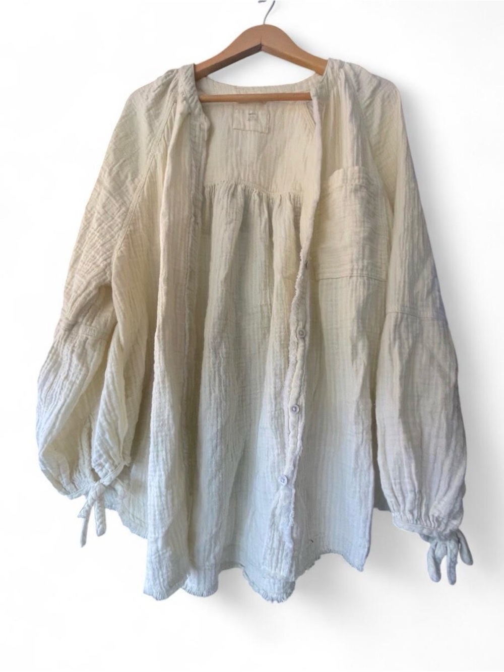 AERIE Butter Yellow Cream Linen Button Front Blouse Bow Tie Sleeves Light MEDIUM